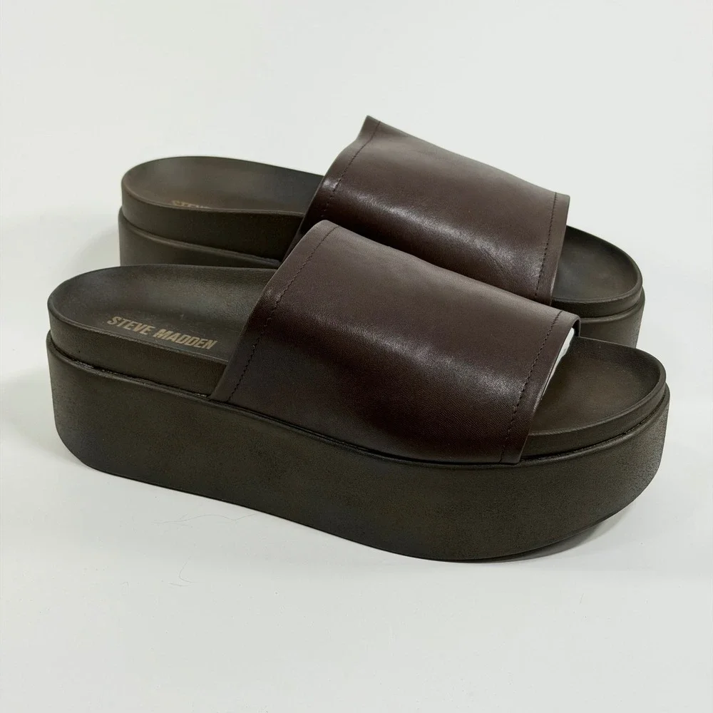 Steve Madden Size-10 Womens Brown Leather Platform Slide Sandals Chunky 90s